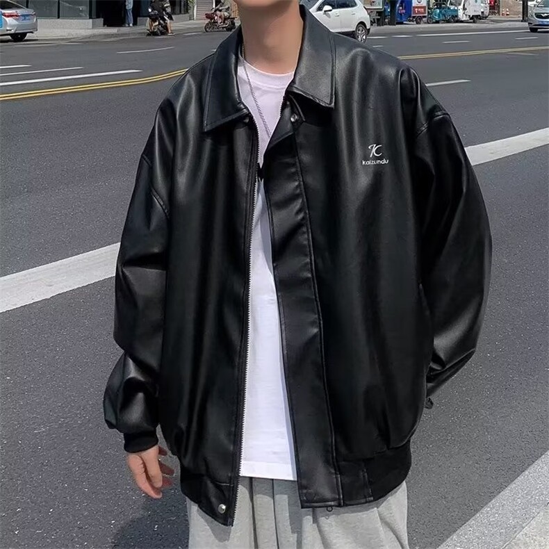 皮衣男秋季新款pu皮夹克翻领宽松复古机车派克服男士休闲防风外套,男装夹克,星座715-4