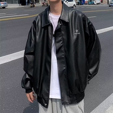 皮衣男秋季新款pu皮夹克翻领宽松复古机车派克服男士休闲防风外套，男装夹克，星座715-4