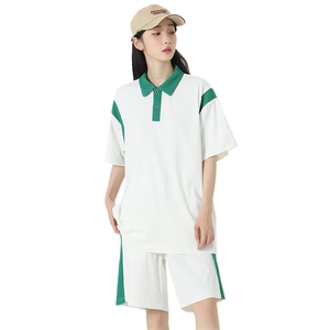 女模现货主推情侣大码翻领Polo短袖五分休闲运动套装男S14P60图片