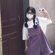 紫色牛仔背带短裤女夏季高腰直筒小个子减龄阔腿五分连体裤ins潮，男装牛仔裤，星座506A