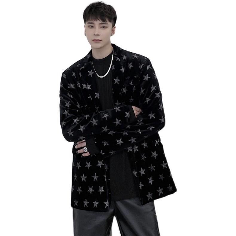 时髦个性加厚丝绒烫钻闪亮星星舞台装发型师潮流西服9970,男装西服,电商A246