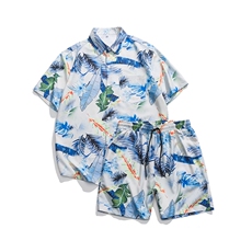 夏季青年花色印花衬衫套装男士多色宽松短裤套装TZ008-P45，男装休闲套装，电商A128