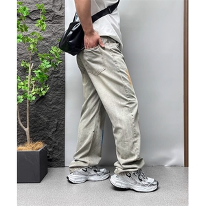 个性泼墨宽松阔腿牛仔裤男2026秋冬新款潮流痞帅高街直筒水洗长裤图片