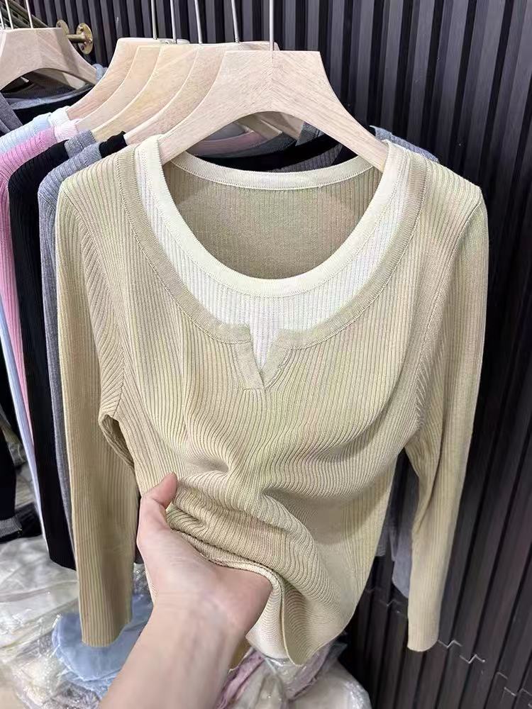 显瘦时尚百搭抽条圆领拼色假两件打底衫女款,女装蕾丝衫/雪纺衫,百纯羊绒