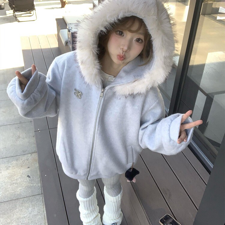 甜美学院慵懒风蓬松毛领连帽开衫卫衣女秋冬新款时尚简约百搭外套，女装短外套，星座218-8