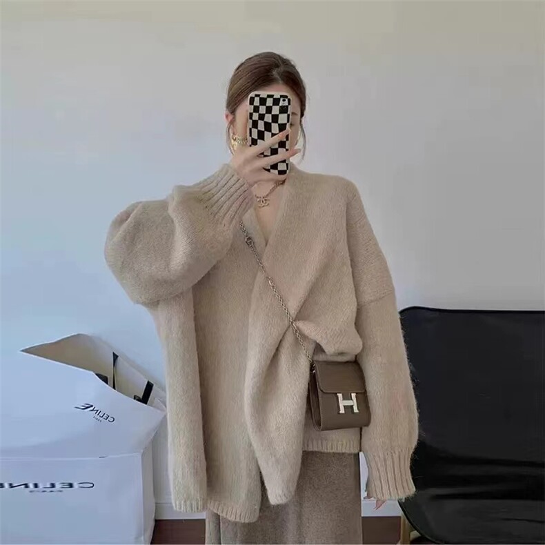 秋冬新款针织开衫韩版宽松慵懒复古日系毛衣女外套中长款图片
