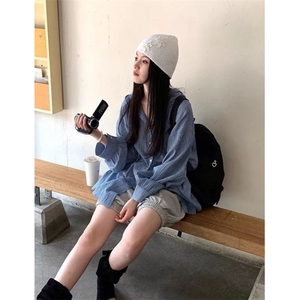 法式蓝色格纹连帽衬衫灯笼袖夏季休闲长袖上衣宽松慵懒防晒 C126图片
