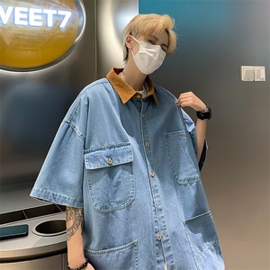 潮牌撞色牛仔短袖衬衫男款夏季多口袋设计高级感休闲半袖上衣外套图片