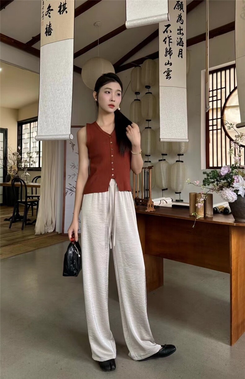 抓花阔腿裤抓花纹理时尚百搭宽松,女装休闲裤,素语电商供货
