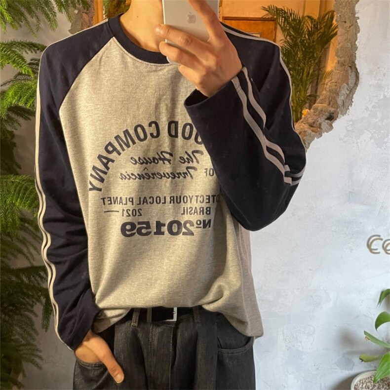 816B-CT1015-P60长袖t恤插肩拼色撞色美式复古韩中性慵懒ins,男装T恤,星座816B