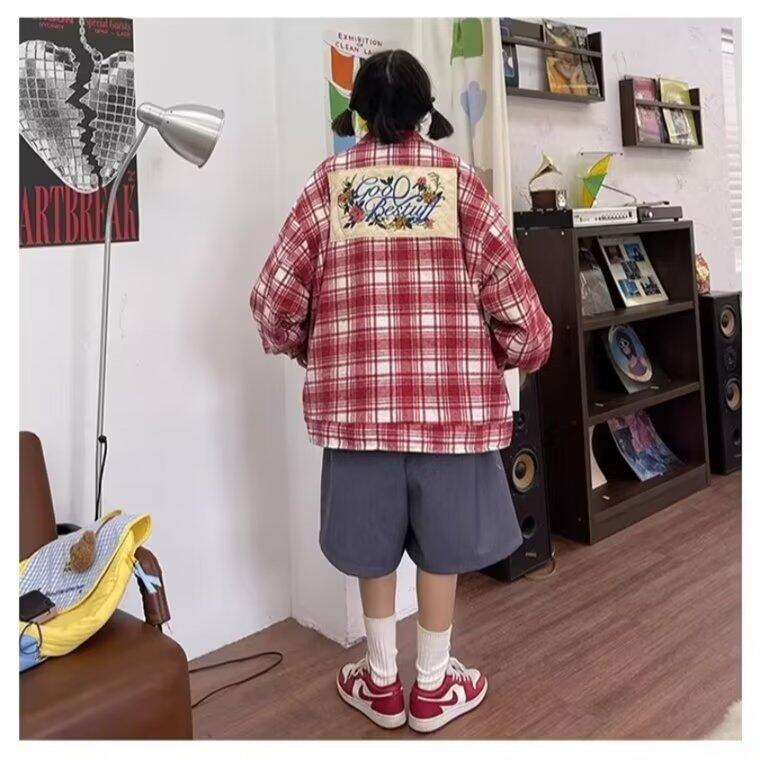 美式高街不规则格子衬衫2024新款女秋宽松潮流外套春秋季别致上衣,男装衬衫,星座716-3