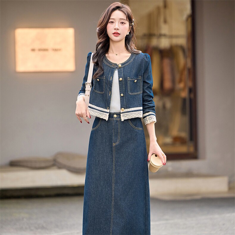 牛仔套装女2025春季新款时尚洋气减龄显瘦拼接上衣半身裙两件套潮图片