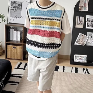 762-P33 美式复古撞色条纹背心男款夏季潮牌针织镂空衣服坎肩毛衣图片