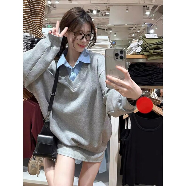QC016-P55甜美韩系复古撞色两件拼接卫衣宽松秋季上衣休闲长袖,女装卫衣/绒衫,星座617A-2