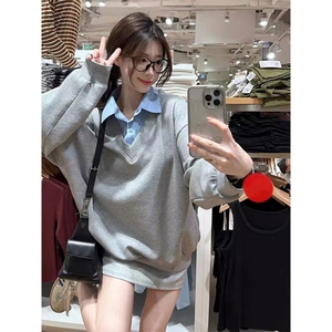 QC016-P55 甜美韩系复古撞色两件拼接卫衣宽松秋季上衣休闲长袖图片
