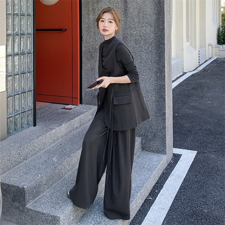 秋季新款编织口袋设计马甲阔腿裤三件套装F672-P195-K298,女装套装/套裙,2C255