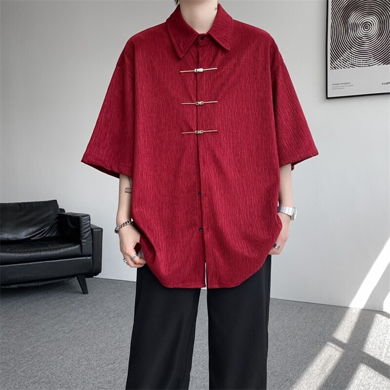 手缝飞机扣新中式冰丝短袖衬衫大码高级感唐装衬衣外套DC5009/P50,男装衬衫,电商B238