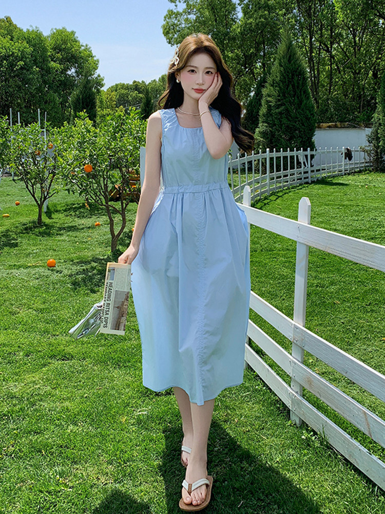 蓝色气质甜美小清新方领连衣裙女2025夏季新款盐系轻熟风显瘦长裙,女装连衣裙,浙宝220