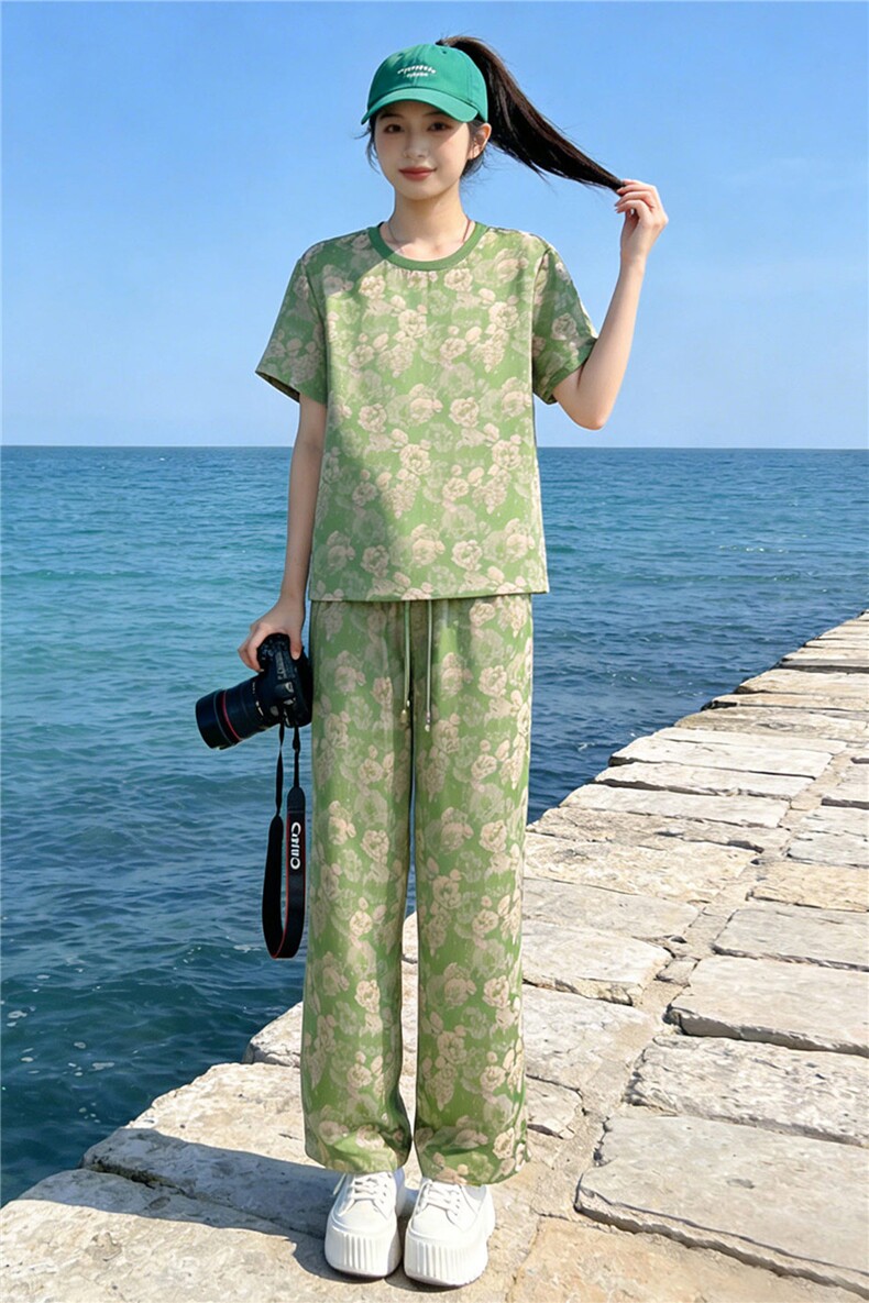 女夏季新款高端时尚花色短袖T恤套装宽松显瘦抽绳阔腿裤两件套潮,女装套装/套裙,江南