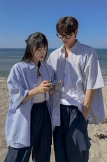 现货条纹短袖衬衫情侣休闲宽松薄外套竖条纹衬衣DC906-P45，男装T恤，星座716A-1（原星座815）