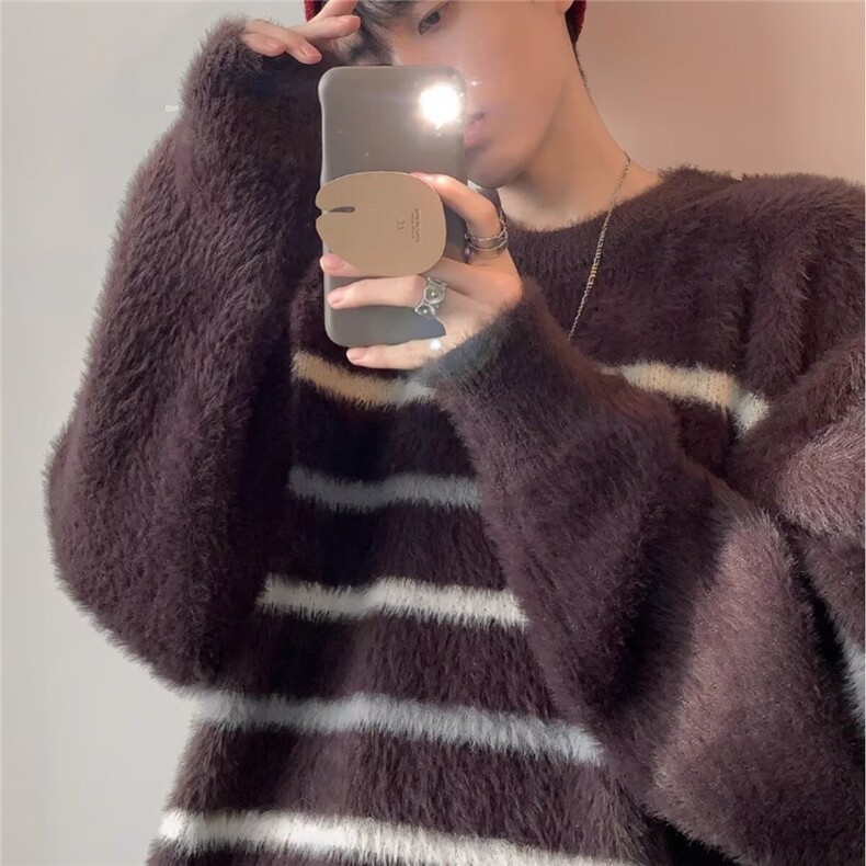 7170-P522025秋冬美式街头潮流圆领黑白条纹针织毛衣潮牌情侣,男装针织衫/毛衣,电商B323A