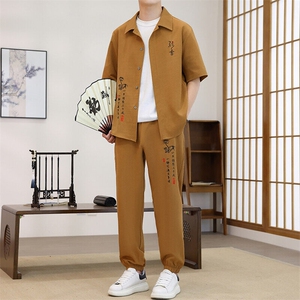 新中式风夏季男士新款短袖套装潮衬衫长裤两件套图片