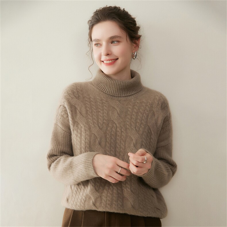 2025年秋季新款五针三股大落肩绞花针织高翻领上衣时尚休闲通勤，女装羊绒衫，澳煜绒