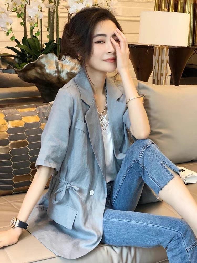 新款简约大气抽绳设计苎小西装,女装西装,L·H·X