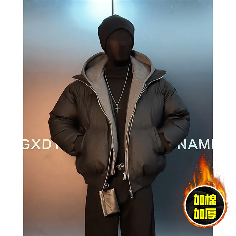 现货高品质重磅工艺美式高街假两件PU皮棉衣男女加厚棉服外套，男装棉衣，电商A443