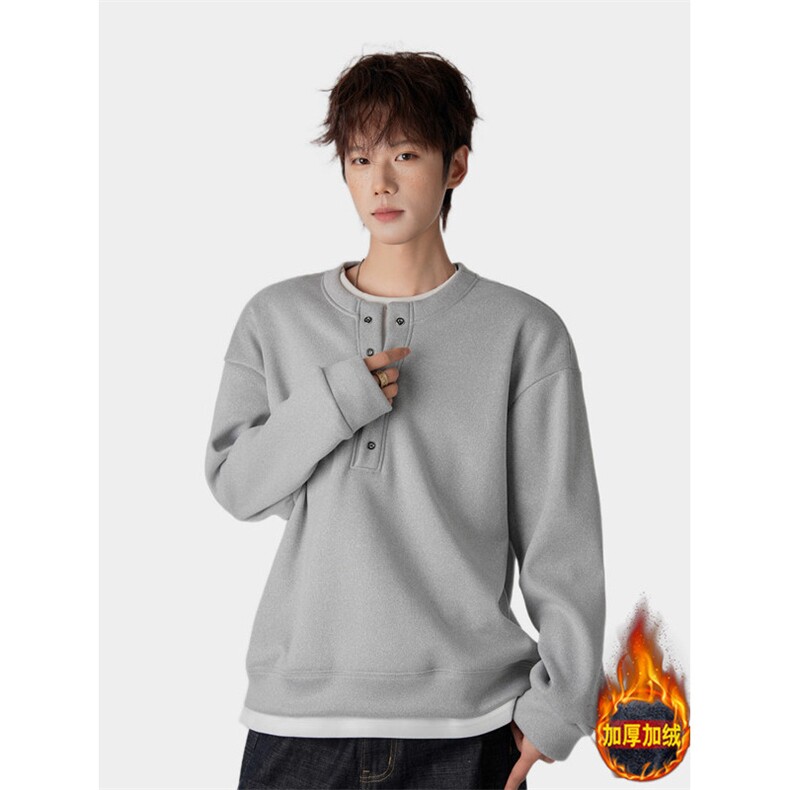 加绒假两件卫衣亨利领t恤男款cleanfit美式复古长袖WY096-P53,男装T恤,星座308B-2