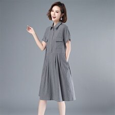 2021年夏季中长款格子套头A字裙妈妈装连衣裙POLO领韩版裙子高腰，女装连衣裙，伊满意