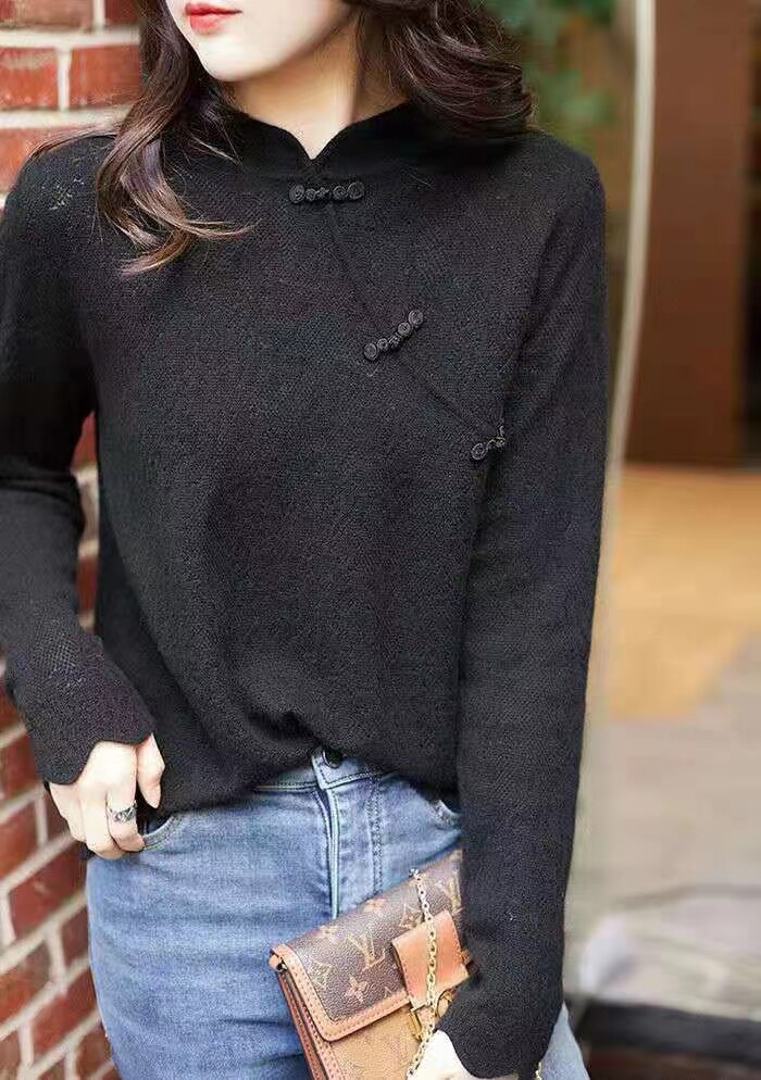 优雅复古盘扣仿羊毛针织衫修身显瘦长袖毛衣气质百搭女款上衣,针织衫/毛衣,恒旺羊绒