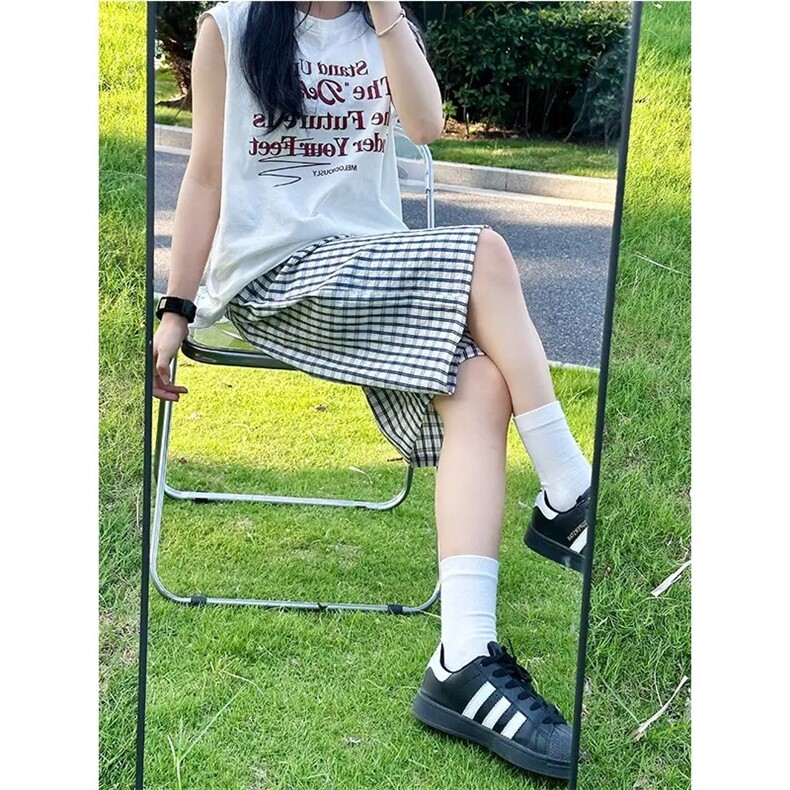 夏季薄款拼接设计感直筒裤子蓝色泡泡纱格子短裤男休闲阔腿五分裤,男装牛仔裤,星座1210-1