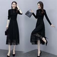 2023秋季新款半高领配花边四颗扣针织线衣蕾丝长款打底连衣裙，女装连衣裙，安之芮娜