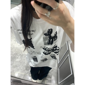 T0662-P30 美式黑白小众猫咪字母印花纯棉短袖 男女款图片