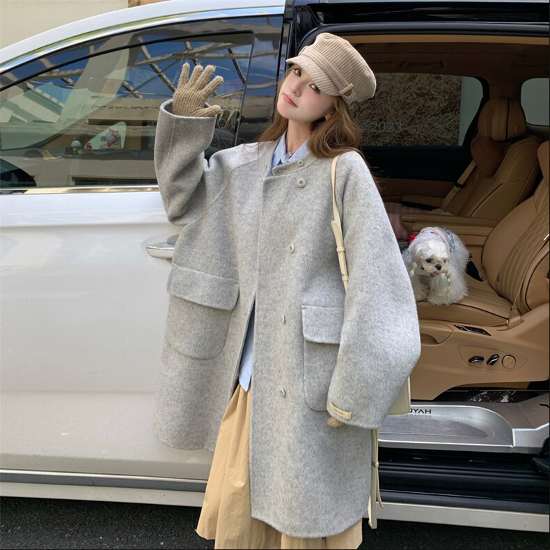 纯色翻领长袖单排扣羊毛大衣女2025冬季新款韩版保暖显瘦毛呢外套,女装羊绒大衣,2C201