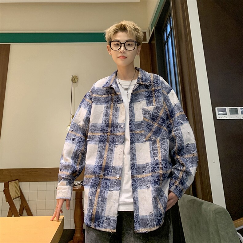 模特-宽松港风ins扎染格子长袖衬衫男9021-P48，男装衬衫，电商B380（原B361）