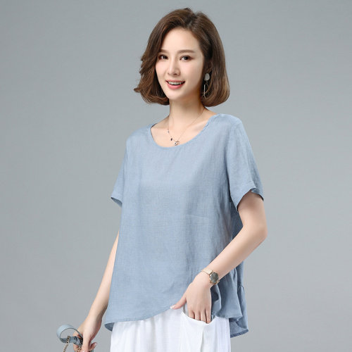 2021夏季新款时尚圆领休闲棉麻文艺衬衫,女装衬衫,叶笙衣