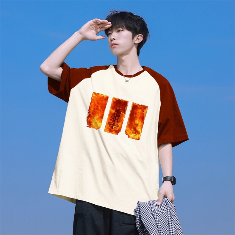 抖音得物高品质二开240克宽松纯棉美式潮牌插肩袖拼接短袖T恤,男装T恤,电商A486