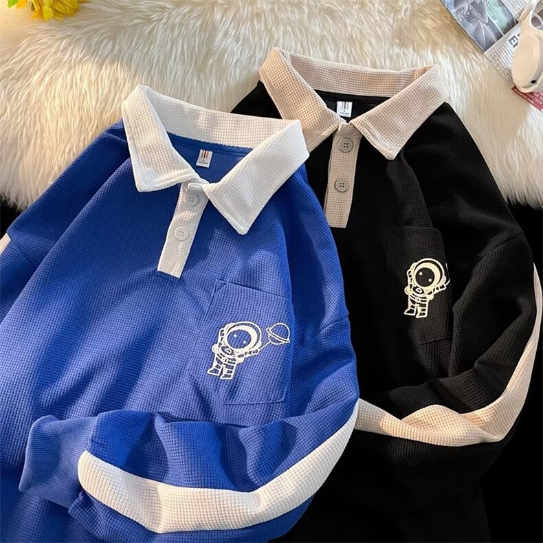 春季潮牌学院风拼色长袖Polo衫男刺绣美式复古宽松卫衣W0505-P33,男装卫衣,星座308B-1