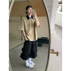 夏季日系纯棉字母刺绣拉链短袖衬衫外套男宽松拼色中袖衬衣潮，男装衬衫，星座516A