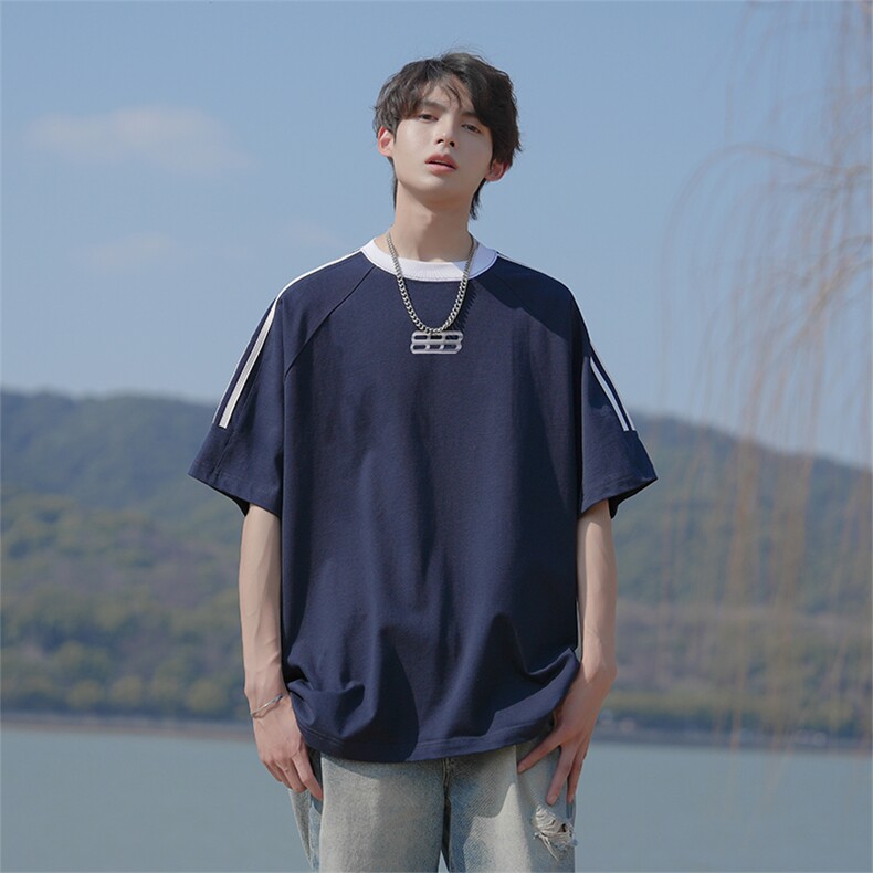 已注册新款抖音直播高品质三条杠运动宽松男短袖T恤T6025P28,男装T恤,电商C408-1(原B339-1)