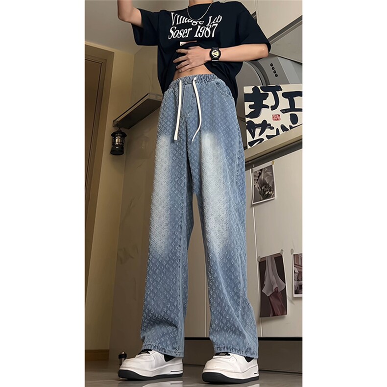 提花牛仔裤男夏季小众设计裤子高个子加长美式工装阔腿裤NZG919,男装牛仔裤,星座516A