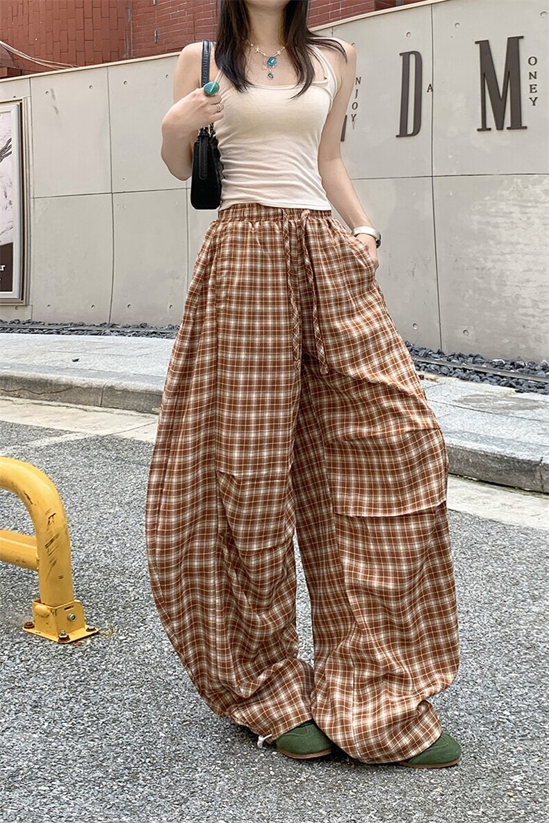 复古格子阔腿裤男女夏季新款显瘦百搭直筒束脚休闲裤子YD9030-P65,男装休闲裤,星座509