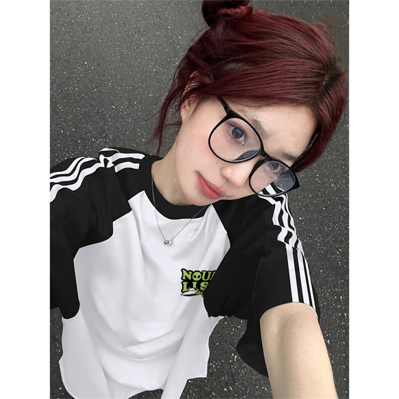 夏季美式高街重磅纯棉三条杠织带插肩撞色男女短袖T恤CZ18-特P25,男装T恤,电商A486