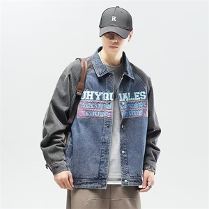 Y8011-P45美式复古字母刺绣牛仔外套男装潮牌宽松复古工装夹克