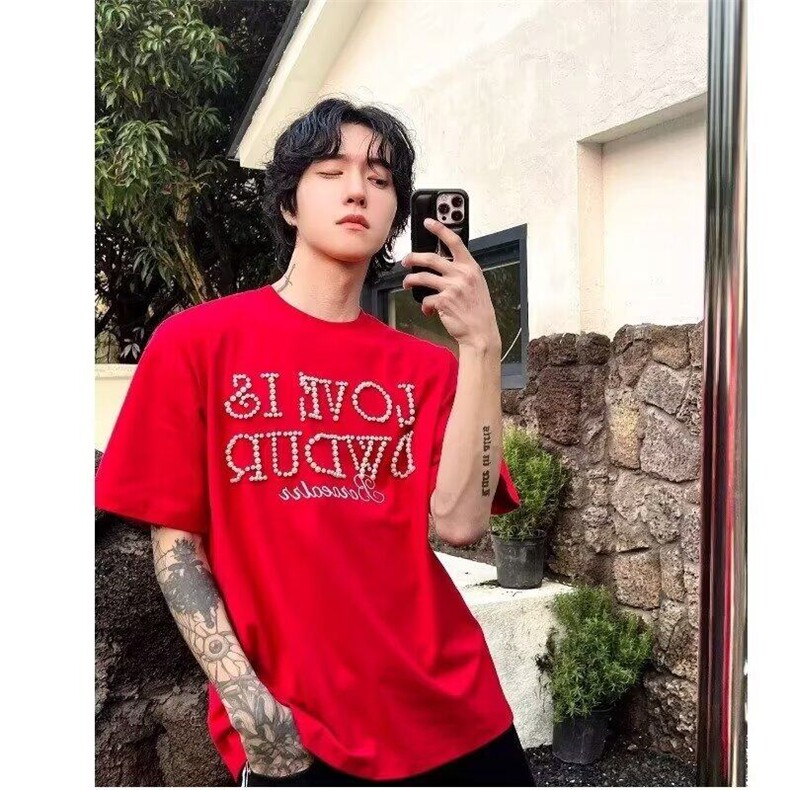 小众设计立体珍珠泡珠字母短袖T恤夏季男潮牌高级圆领体恤,男装T恤,星座410-7