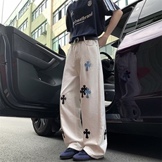 白色破洞直筒牛仔裤男夏季新款十字皮标高腰宽松显瘦阔腿拖地裤子，男装皮裤，星座813-2