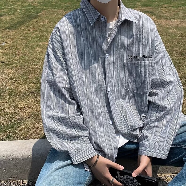 简约潮夏季文艺标准青春流行潮流慵懒翻领男时尚长袖日系衬衫,男装衬衫,星座716-3