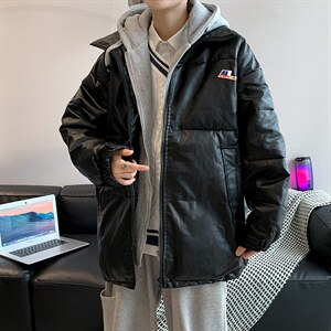 假两件衣男冬季加厚宽松潮流PU皮外套港风连帽服 W1906-P85图片
